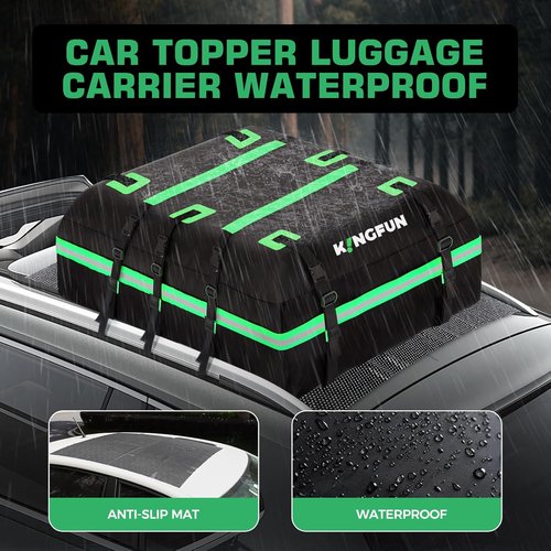 Kingfun Rooftop Cargo Carrier - Waterproof 21 Cubic Feet Roof Bag for All Vehicles | Includes Anti-Slip Mat & Straps