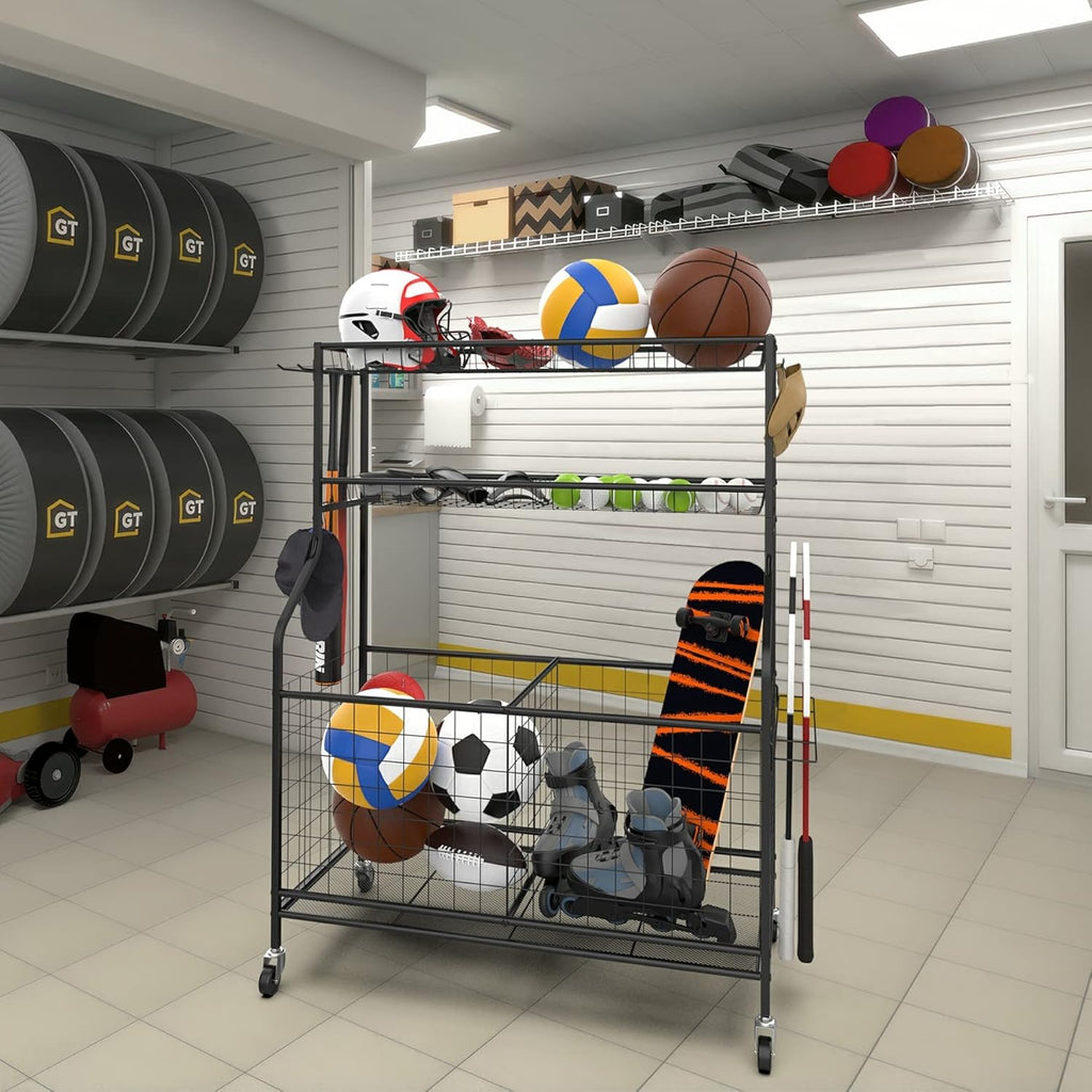 WALMANN Garage Ball Organizer - Indoor/Outdoor Sports Equipment Storage Rack | Rolling Cart for Kids' Balls and Toys