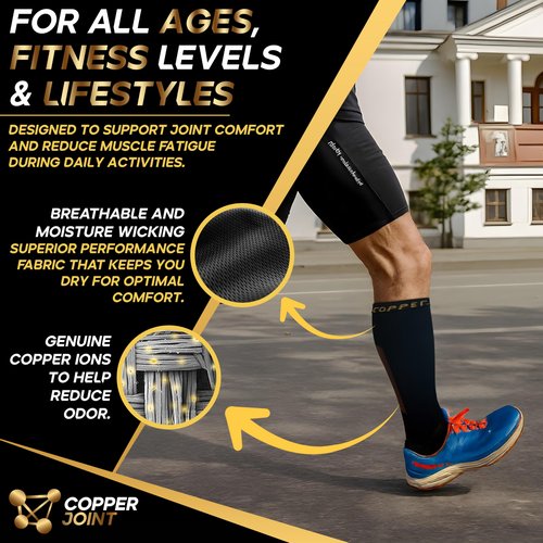 CopperJoint Copper Compression Socks for Women & Men, Knee High Support Socks, Wide Calf Friendly, Breathable Comfort for Work, Travel and Everyday Wear, 1 Pair, Medium, Black and Tan