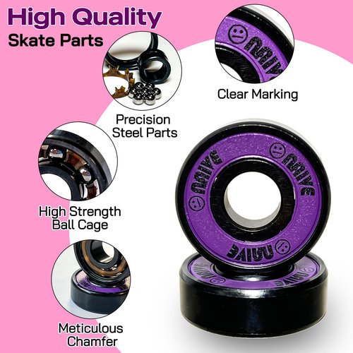 Naivskb Skate Bearings 8mm 16 Pack, Precision 608 Bearings Quad Inline Skates Roller Derby Skateboard Longboard Scooter(Neon Purple)