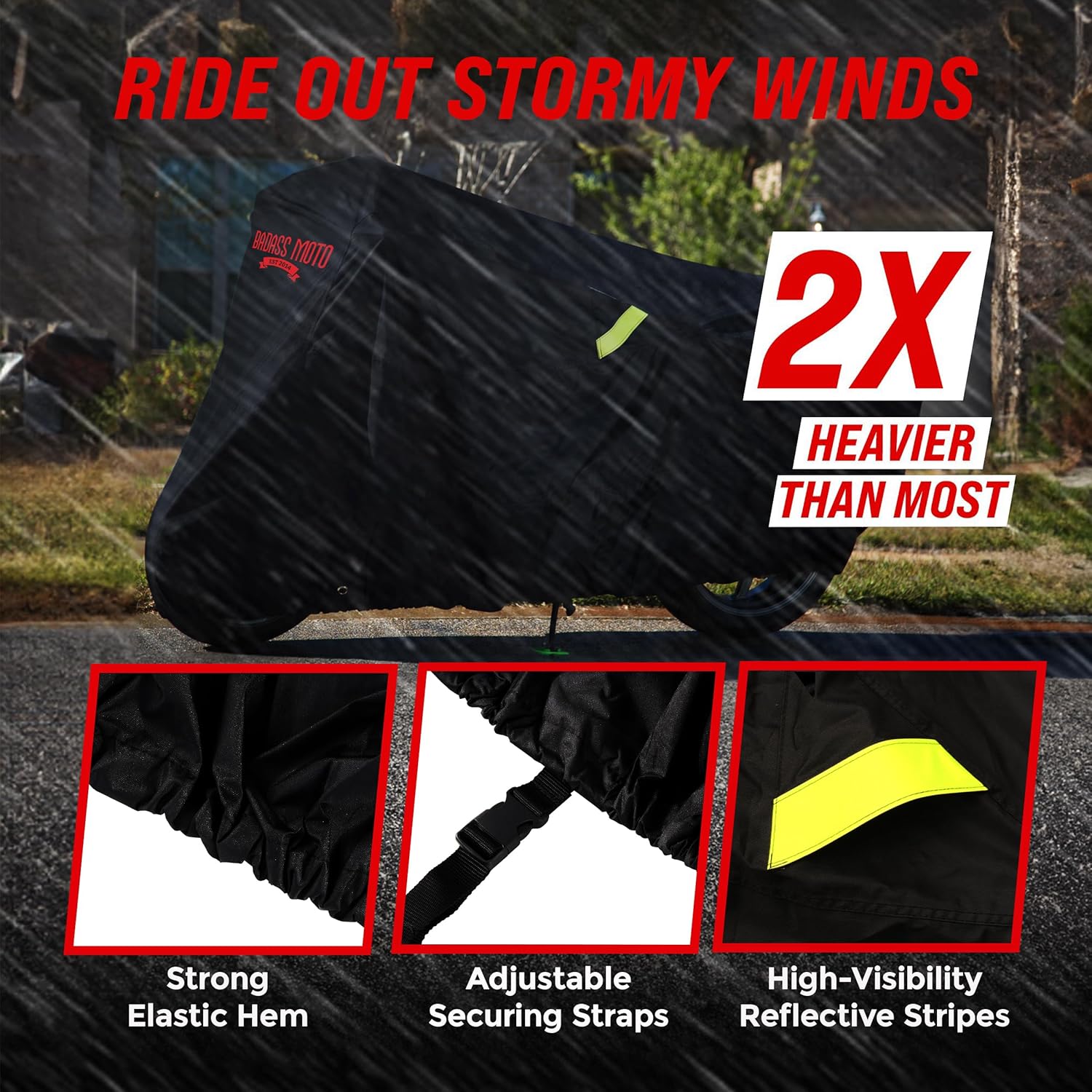 Badass Moto Motorcycle Cover - Waterproof & Heavy Duty All-Season Protection | Fits Harley Davidson & Cruiser Bikes, Large 97L