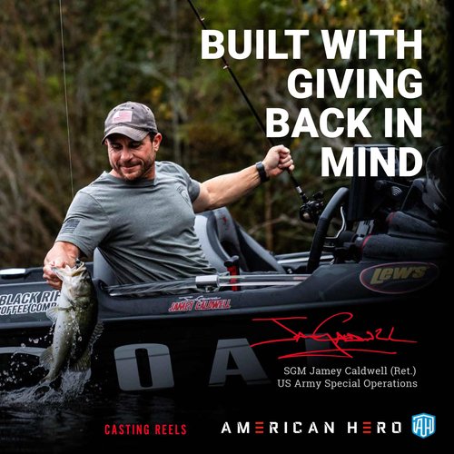 Lew’s American Hero Baitcast Fishing Reel, 4+1 Bearings, 7.5:1 Gear Ratio, One-Piece Graphite Frame, Speed Gears, Right-Hand Retrieve, Gray/Black/Blue