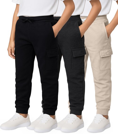Real Essentials 3 Pack: Boys' Cotton Fleece Cargo Joggers Athletic Sweatpants - Kids Casual Sports Pants Pockets-Set 1, M, 8-10