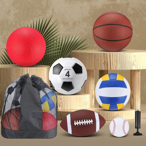 Deekin 12-Piece Sport Ball Set for Kids - Official Size Basketball, Football, Volleyball & More | Includes Bag & Pump