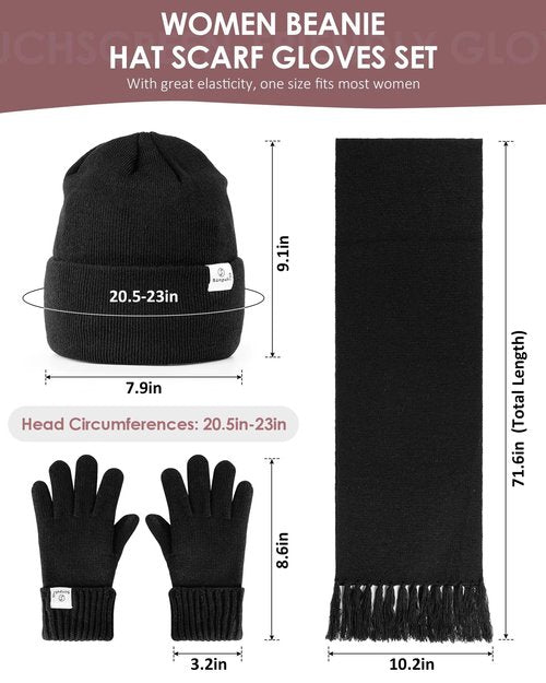 Womens Satin Lined Beanie Scarf Gloves Set, Silk Lined Winter Hats Long Knit Scarf Touchscreen Gloves, Fashionable Warm 3 in 1 Gift Set for Women Men(Pink)