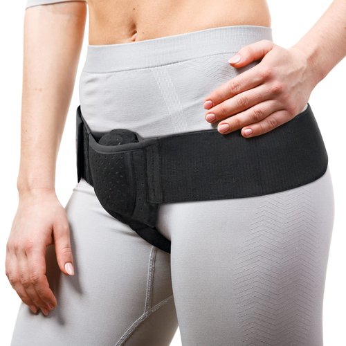 ORTONYX Inguinal Hernia Belt for Men and Women with Removable Compression Pad and Adjustable Waist Strap, Hernia Support Truss for Inguinal, Incisional Hernias, Left/Right Side - Black S/M