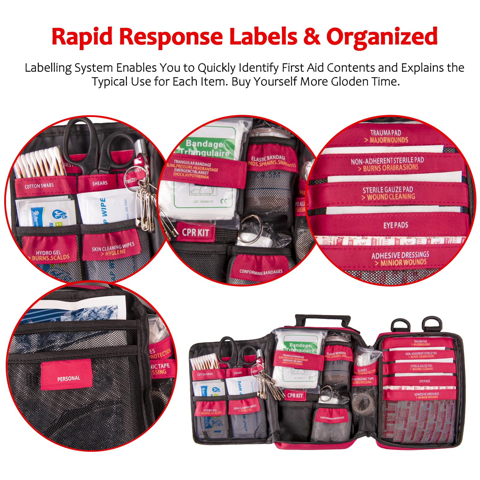 First Aid Kit with Rapid-Response Labeled Compartments, Compact Waterproof Emergency Kit with Molle Straps for Car, Camping, Home, Hiking, Travel