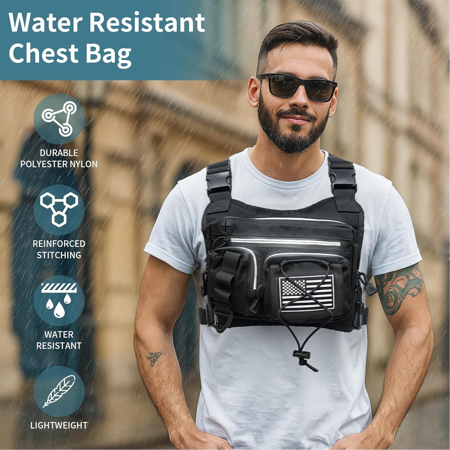 Skiennix Tactical Chest Bag - Breathable Multi-Functional Running Vest with Reflective Zipper Pocket | Adjustable Straps for Night Running, Hiking, Cycling (Black)