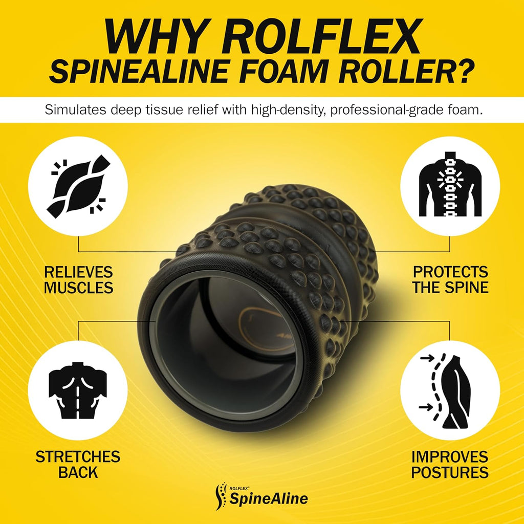 Rolflex SpineAline Back Roller - Ergonomic Deep Tissue Massage Tool for Spine Alignment | Supports Up to 300 lbs - Black