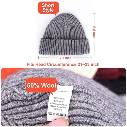 4pcs Wool Fisherman Beanies for Men, Knit Short Watch Cap Winter Warm Hats