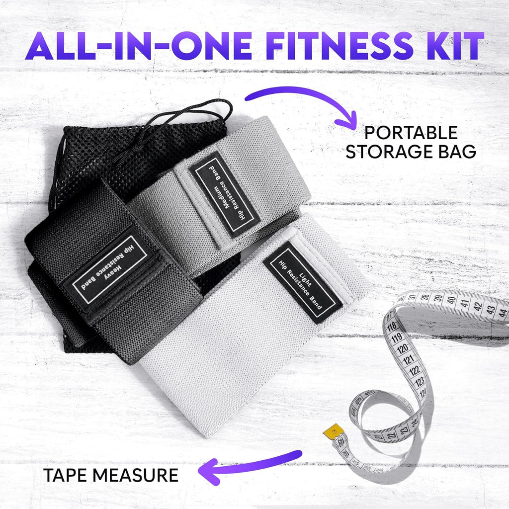 Wide Fabric Resistance Bands - 3 Strength Levels, Non-Slip Booty Bands for Men & Women | Includes Bag & Tape Measure for Gym, Yoga, Pilates