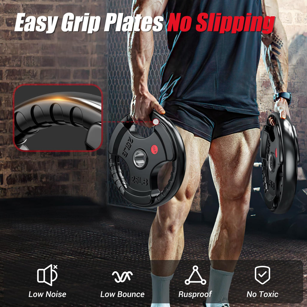 GIKPAL 5LB Olympic Weight Plates Pair, Three-Grip Rubber Coated 2-Inch Plates with Steel Hub for Beginner Strength, Core Work & Home Gym Use