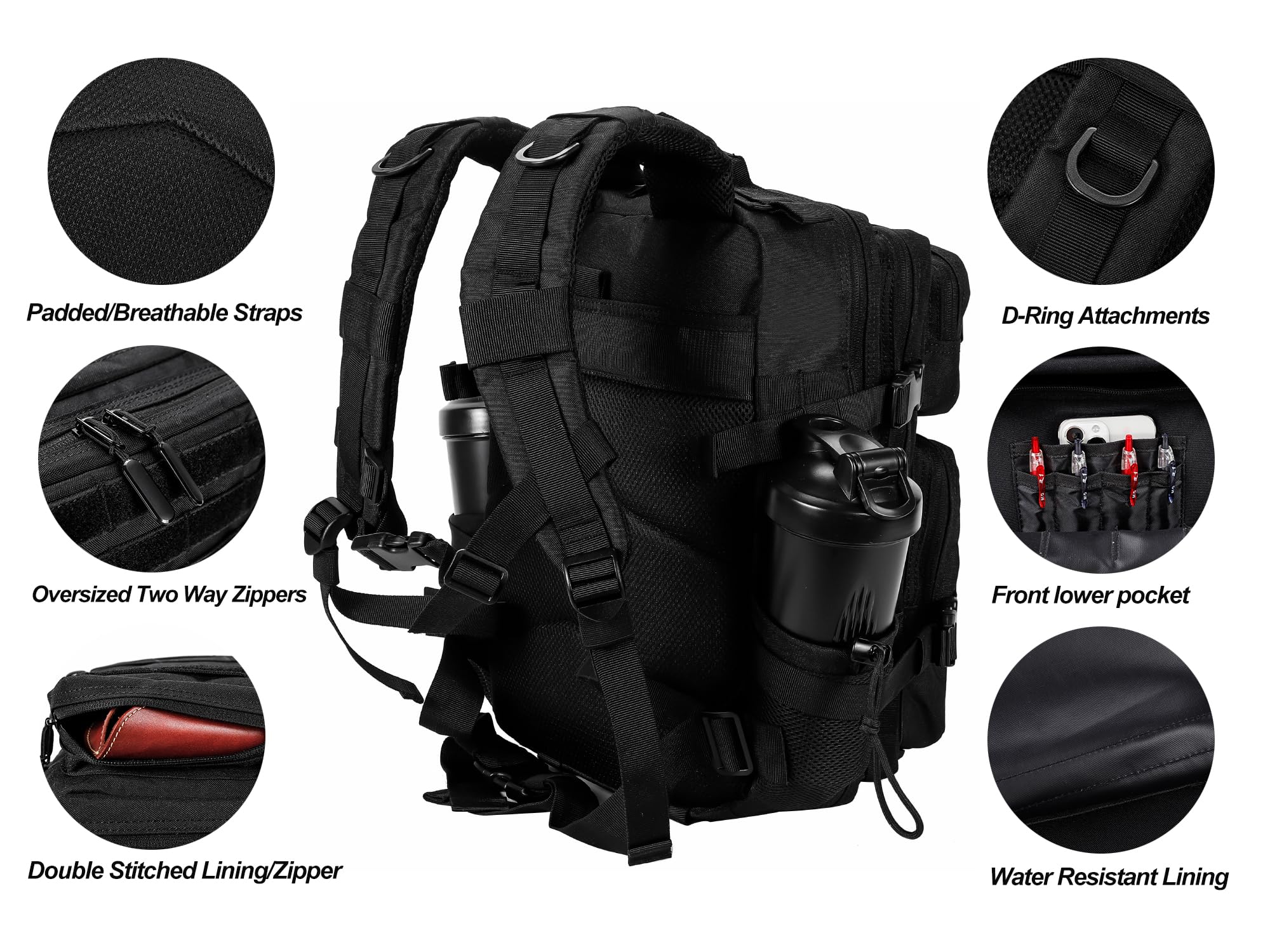 LHI Tactical Military Backpack for Men and Women 25L Army Assault Pack Bag Large Rucksack with Molle System - Black