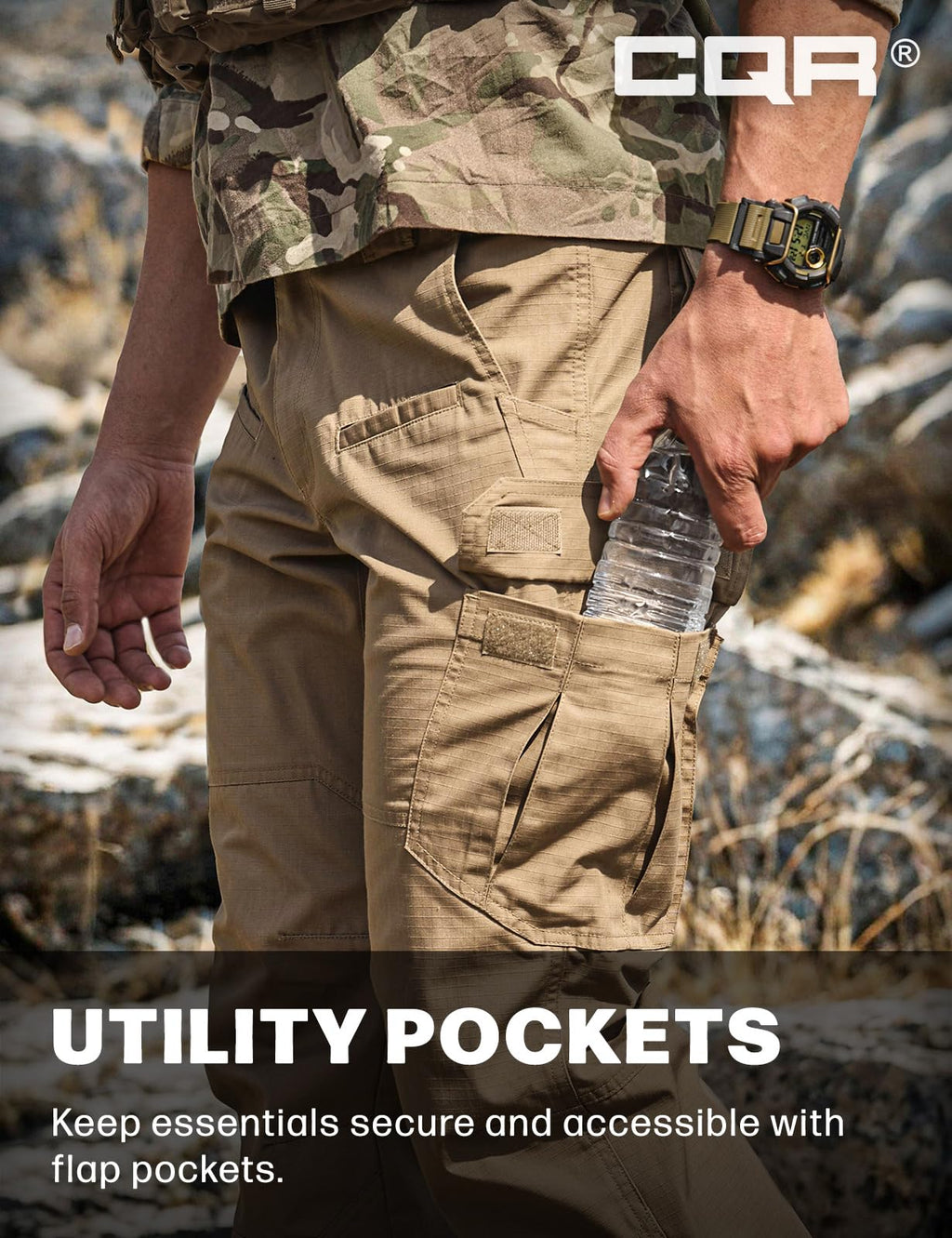 CQR Men's Tactical Pants, Water Resistant Ripstop Cargo Pants, Lightweight EDC Work Hiking Pants, Outdoor Apparel, Raider Cougar, 44W x 32L