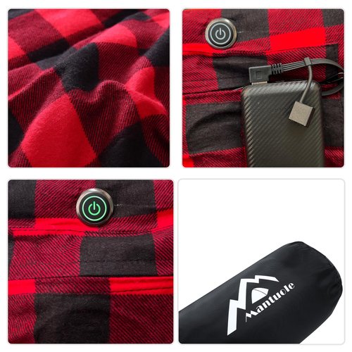 MANTUOLE Heated Sleeping Bag pad, 5 Heating Zones, Operated by 5V/2A USB Power Supply (Battery NOT Included). Black & Red Flannel
