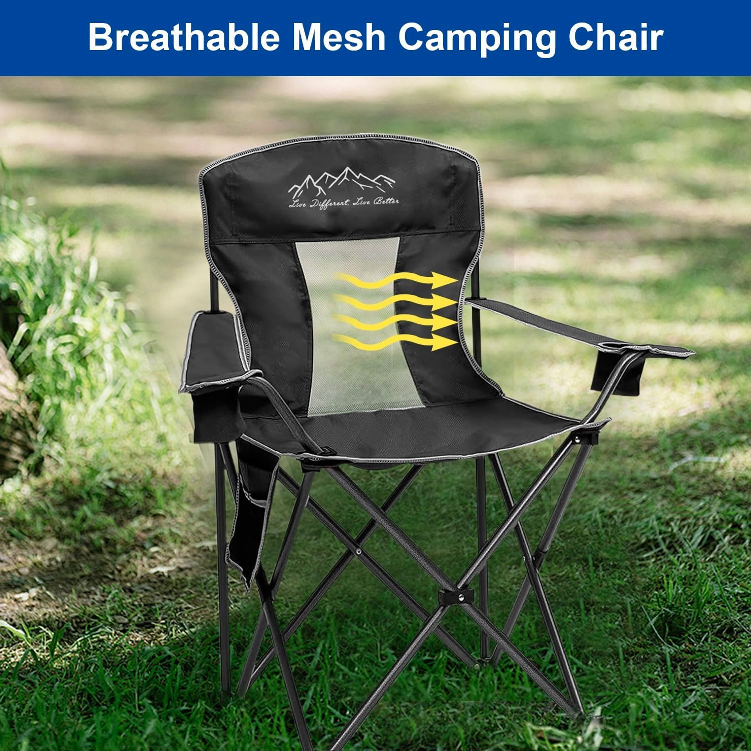 Skiennix Outdoor Folding Camping Chair - Breathable Mesh, 400lbs Capacity, Cup Holder & Storage Bag | Black