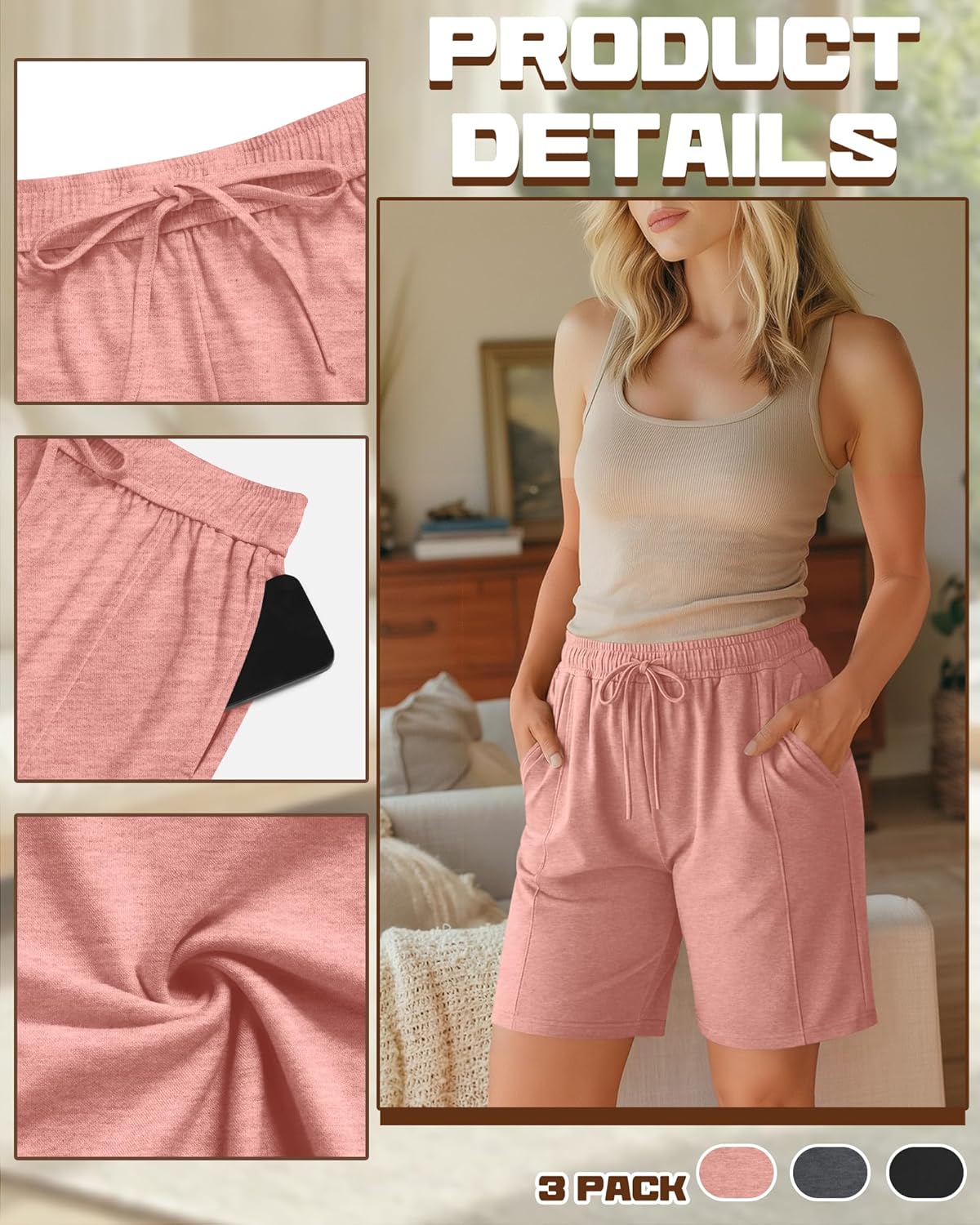 Skiennix Women's Plus Size Bermuda Shorts - Wide Leg, Elastic Drawstring, Pockets | Comfortable Athletic Wear