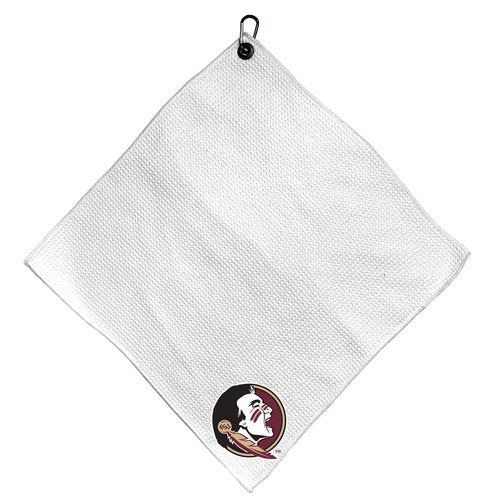 Team Golf NCAA Florida ST Microfiber Towel - 15" X 15" (White) with Carabiner Clip, Premium Microfiber with Deep Waffle Pockets - Superior Water Absorption and Quick Dry Golf Cleaning Towel