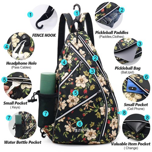 ZOEA Adjustable Pickleball Bag with Water Bottle Holder - Pickleball Paddle Backpack for Men and Women (Flower White)