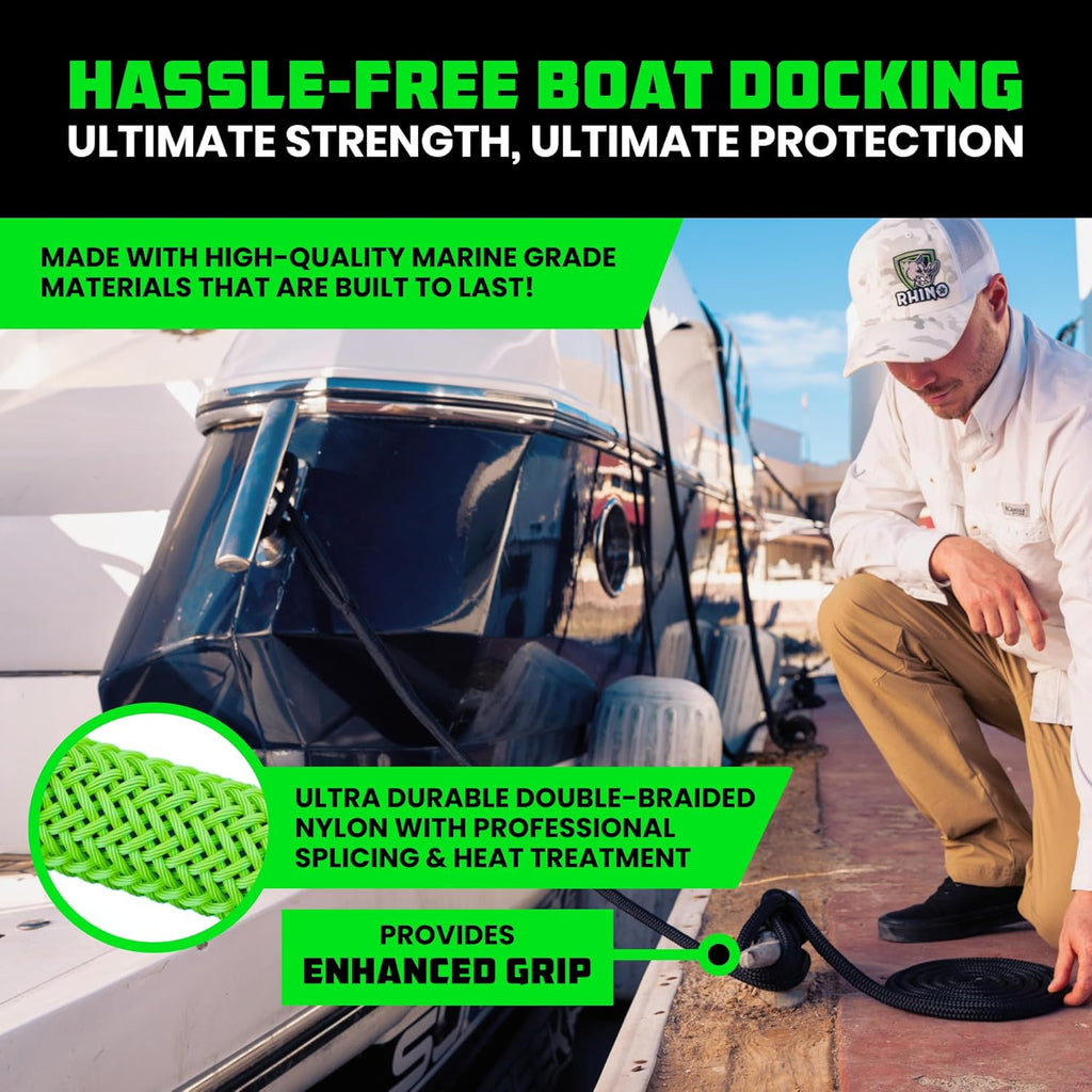 Rhino USA Dock Lines - Heavy Duty 5/8" x 16' Marine Grade Rope for Boats, Kayaks & Pontoons - Black