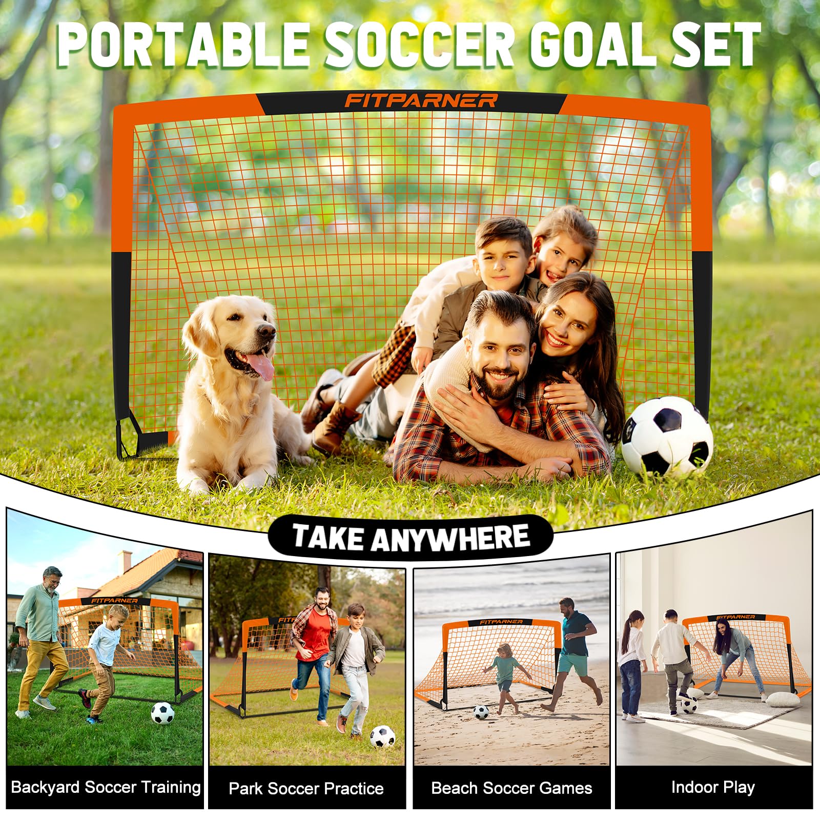 FITPARNER Kids Soccer Goal for Backyard Set - 2 Set of 5X3.6 ft (OrangeBlack)