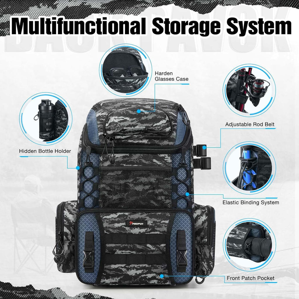 Piscifun Fishing Tackle Backpack - 42L Waterproof Bag with Rod Holders & 4 Tackle Boxes