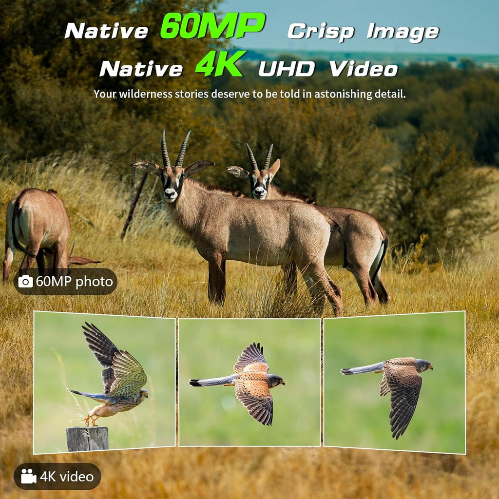 Trail Camera - Solar Powered 4K 60MP WiFi Game Camera with 0.1s Trigger & 7800mAh Battery | 65FT Detection, Night Vision, IP66 Waterproof, 32GB Card Included
