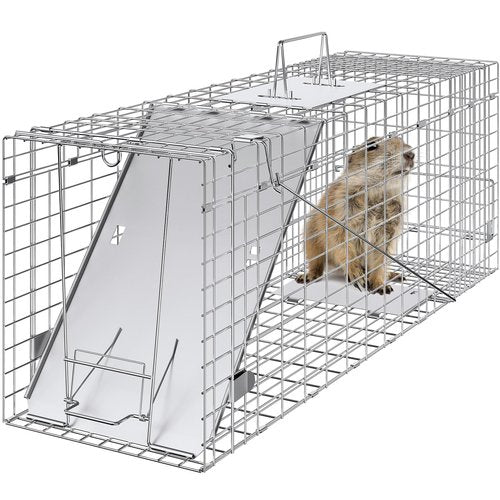 VEVOR Live Animal Cage Trap, 31" x 10" x 12" Humane Cat Trap Galvanized Iron, Folding Animal Trap with Handle for Rabbits, Stray Cats, Squirrels, Raccoons, Groundhogs and Opossums
