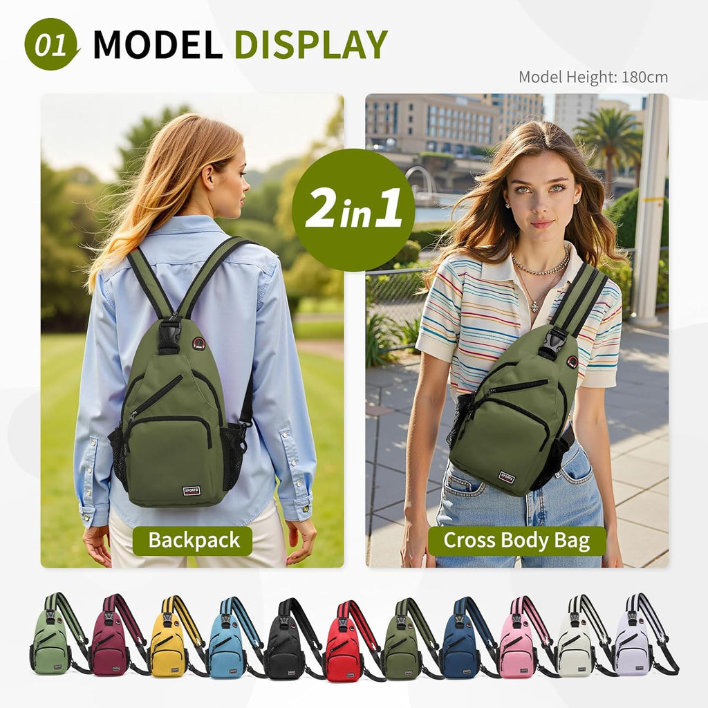 Skiennix Convertible Sling Bag - Lightweight Crossbody Backpack for 11" Tablet | Dark Green