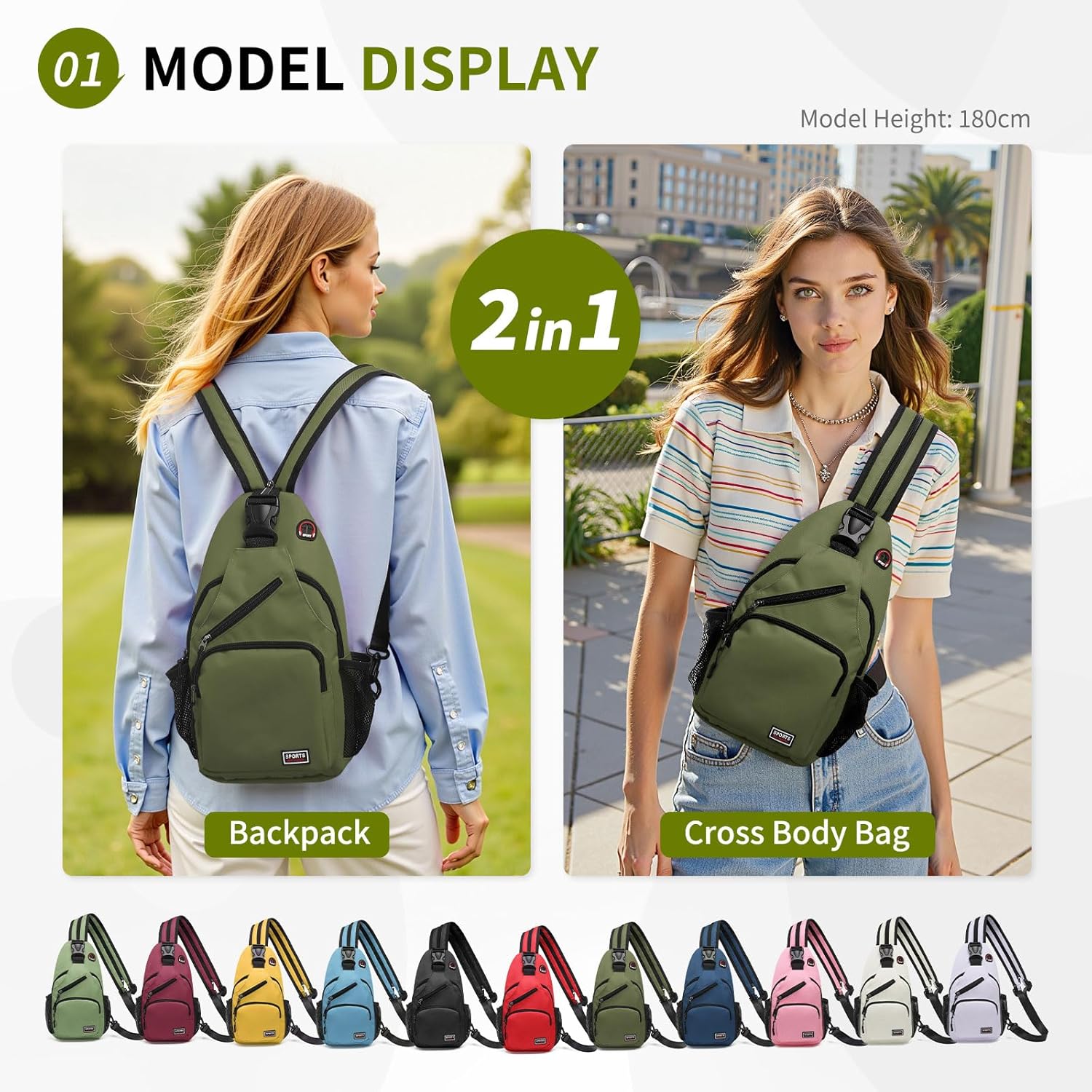 Skiennix Convertible Sling Bag - Lightweight Crossbody Backpack for 11" Tablet | Dark Green