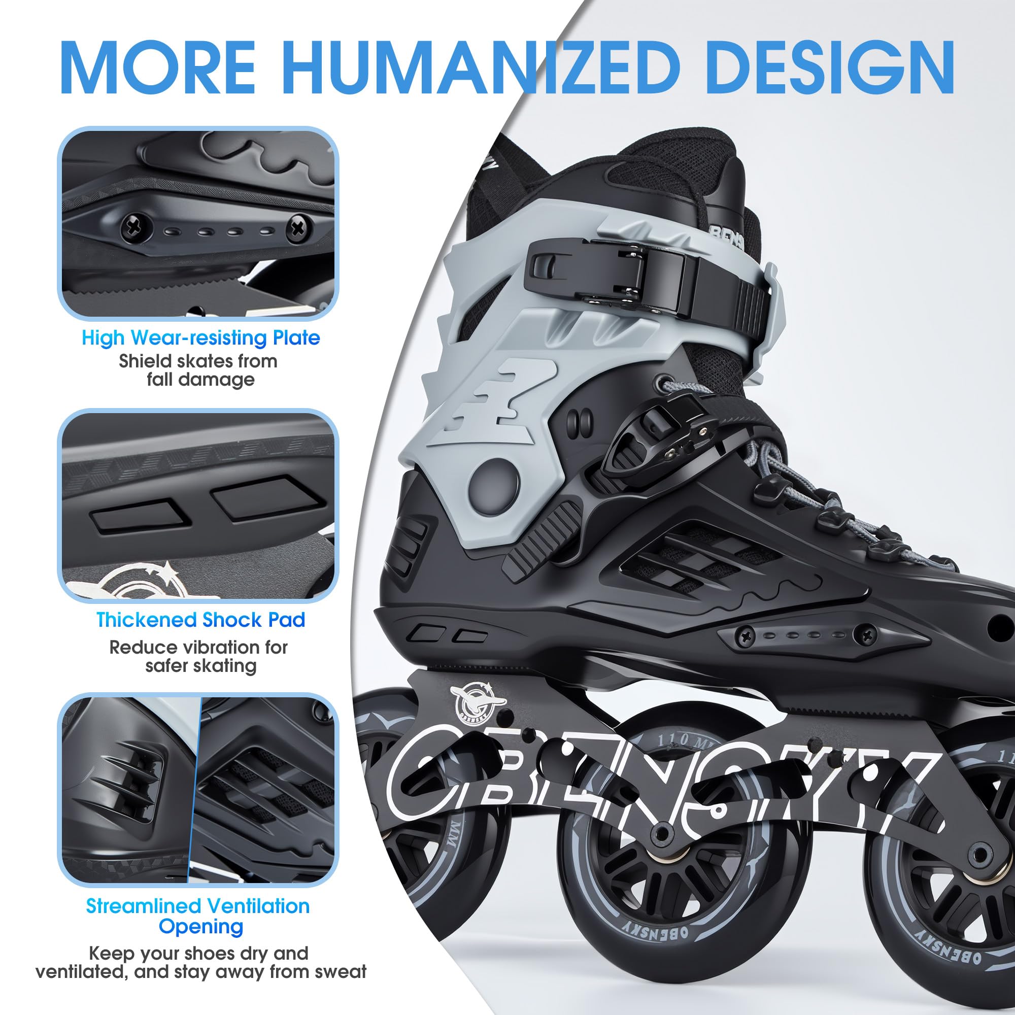 OBENSKY Adults Roller Blades for Women & Men, Inline Skates High Professional Roller Skate Blade for Teens, Fitness & Recreation Racing Skates, Black & Gray, Size 6.5-10.5