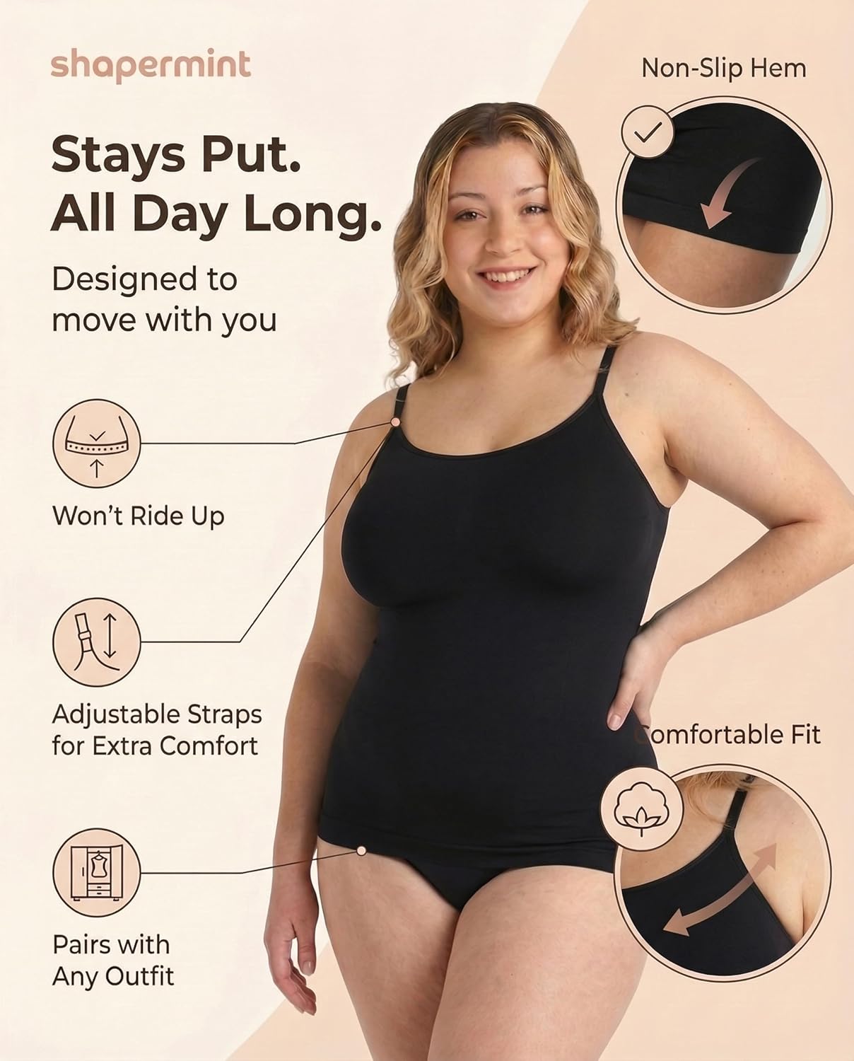 Shapermint Women's Scoop Neck Cami Body Shaper - Tummy Control Shapewear Tank Top