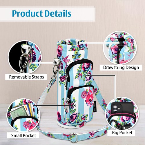 Betsey Johnson Insulated Water Bottle Pouch Holder Carrier Crossbag with Adjustable Shoulder Strap - Lightweight Polyester Accessories with Pockets Good for Hiking Travelling Sports(Hummingbird Floral