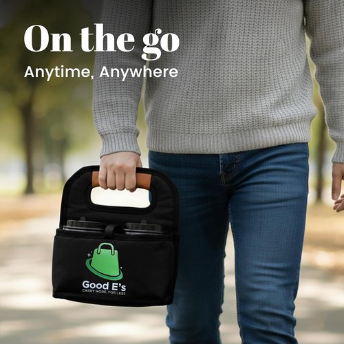 Good E’s Reusable Coffee Cup Carrier - Insulated Tote Bag for 4 Cups | Waterproof & Portable (16oz to 24oz)