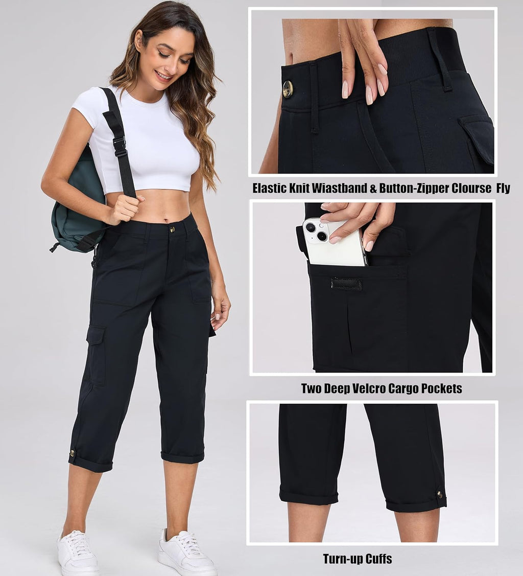 Oalka Women's Cargo Capri Pants - Relaxed Fit Knit Waist for Casual Hiking | Comfortable Cropped Style