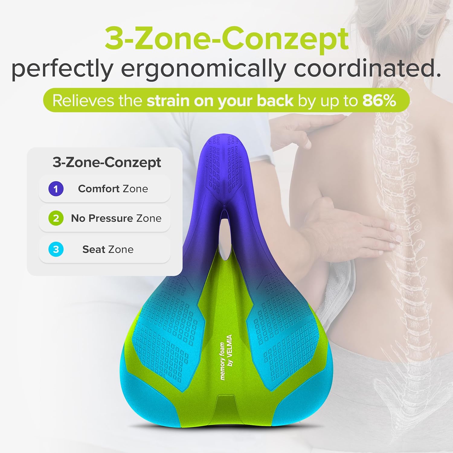 VELMIA Bicycle Saddle - Ergonomic Waterproof Seat for Men and Women - 3 Zone Comfort Design