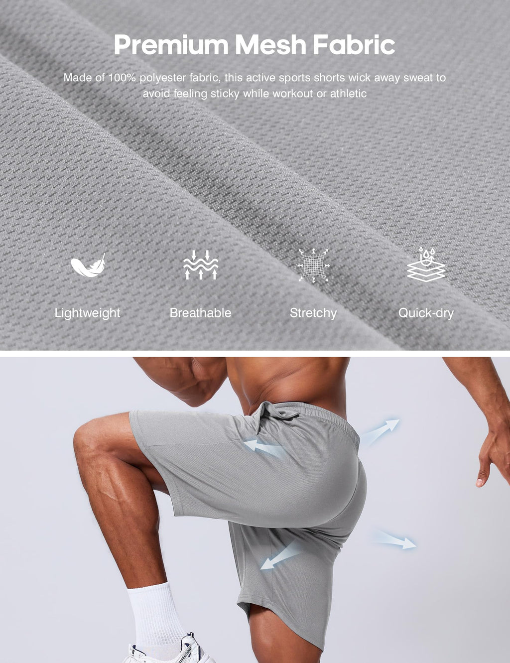 Vlynor Men's Athletic Shorts 9 Inch Inseam - Quick Dry Mesh Basketball Shorts Men, Lightweight Mens Gym Running Shorts with Pockets (Light Grey, Medium)