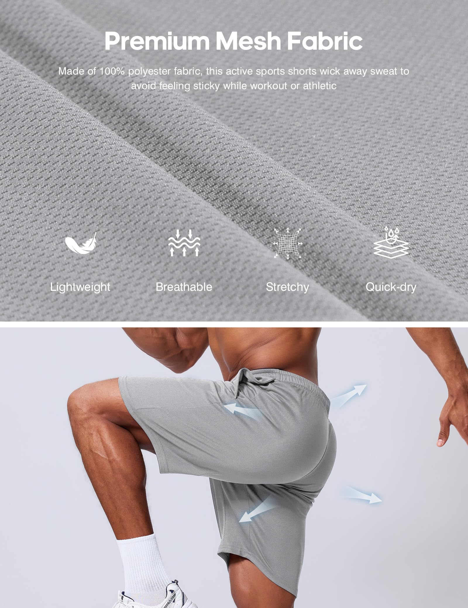 Vlynor Men's Athletic Shorts 9 Inch Inseam - Quick Dry Mesh Basketball Shorts Men, Lightweight Mens Gym Running Shorts with Pockets (Light Grey, Medium)