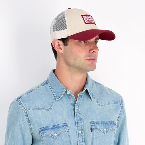Two Tone Trucker Hat with Logo Patch, Red, One Size