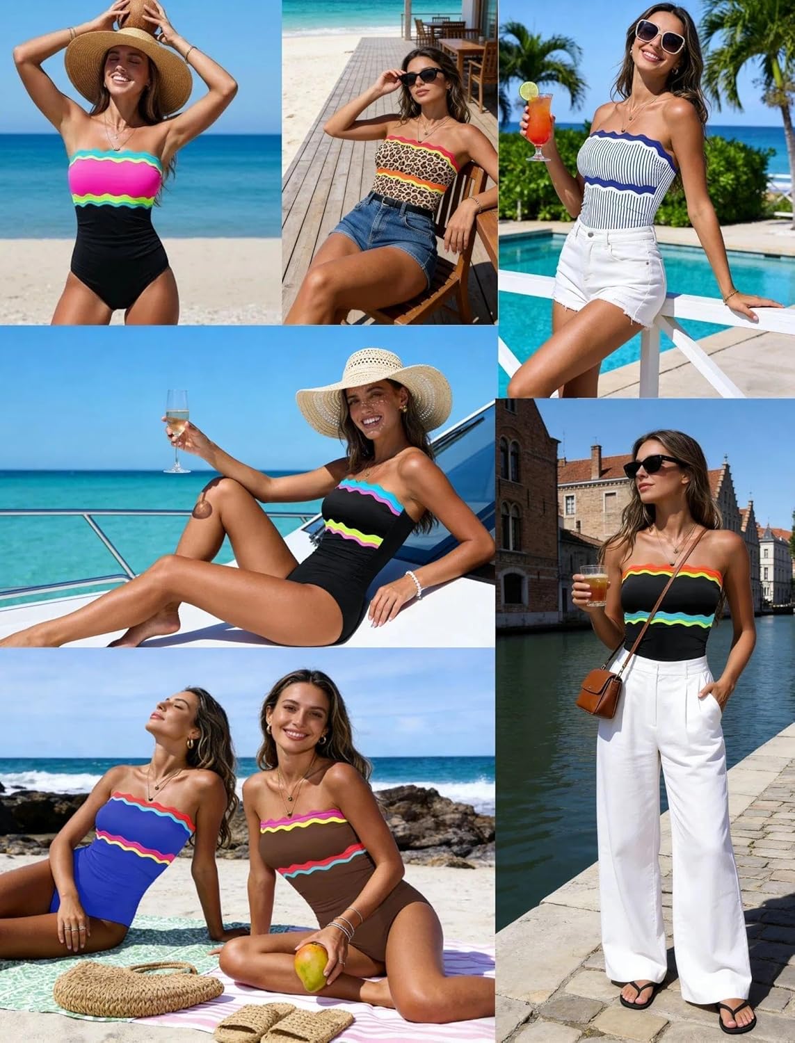 Popvil One Piece Swimsuit - Tummy Control Strapless Neon Bandeau Bathing Suit for Women
