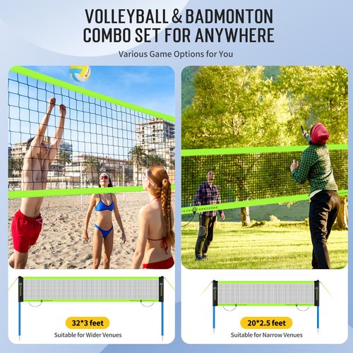 Portable Volleyball & Badminton Combo Net Set for Backyard Beach with 2 Nets (20ft and 32ft), Adjustable Poles, PU Volleyball, Aluminum Rackets and Carry Bag, Quick Setup & Durable