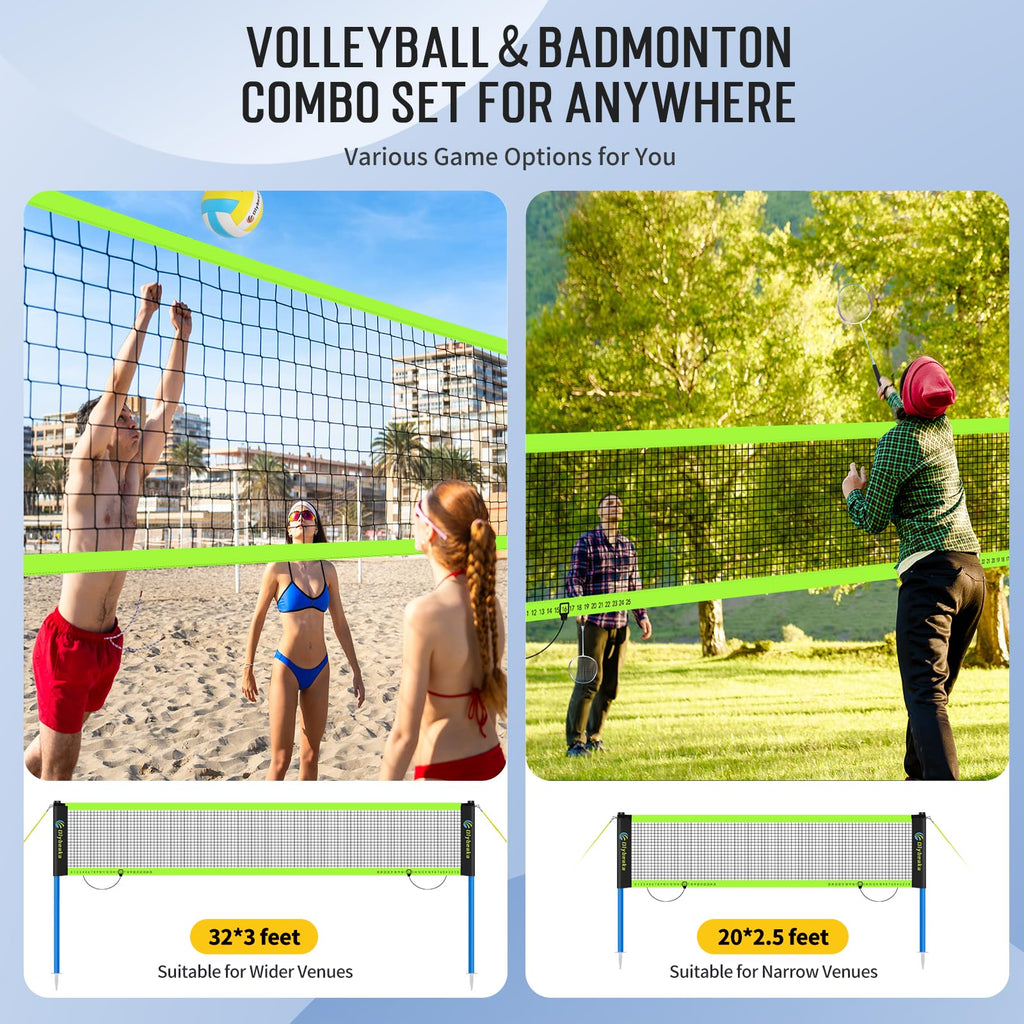 Olybeaka Outdoor Volleyball & Badminton Combo Net Set for Backyard, Beach with 2 Nets, Adjustable Poles, 4 Aluminum Rackets, PU Volleyball, Portable Carry Bag (Black)