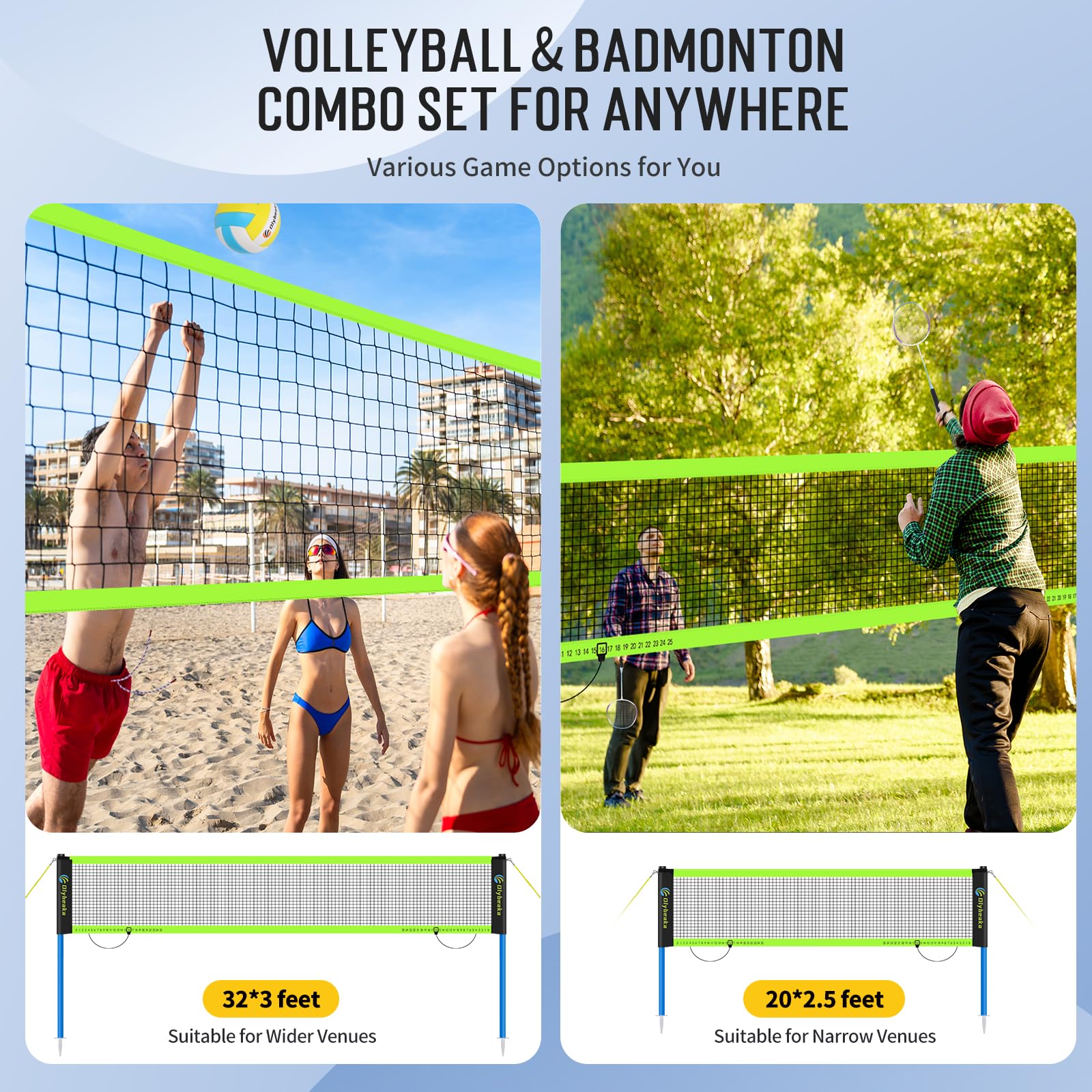 Olybeaka Outdoor Volleyball & Badminton Combo Net Set for Backyard, Beach with 2 Nets, Adjustable Poles, 4 Aluminum Rackets, PU Volleyball, Portable Carry Bag (Black)