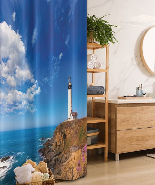 Ambesonne Lighthouse Stall Shower Curtain, California City Pigeon Point Lighthouse in Cabrillo Coastal Image Print, Fabric Bathroom Decor Set with Hooks, 36" W x 72" L, Brown White