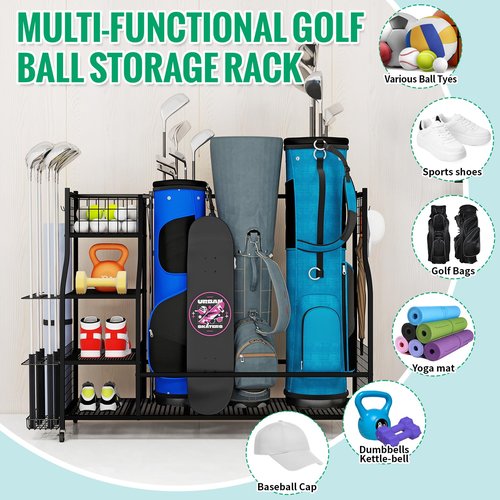 Flibaluly Golf Bag Storage Garage Organizer-Heavy Duty Golf Bag Rack for 3 Golf Bags,Golf Accessories with 4-Tier Shelf and Wheels for Home,Club,Garage and Basement