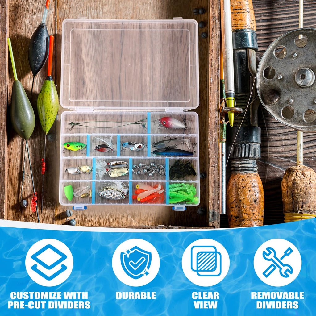 Wonderjune 6 Pack 3600 Tackle Boxes Fishing Tackle Trays with Removable Dividers Waterproof Plastic Fishing Lure Clear Organizer Box Storage Trays for Bait Lure Parts Bead Small Tools