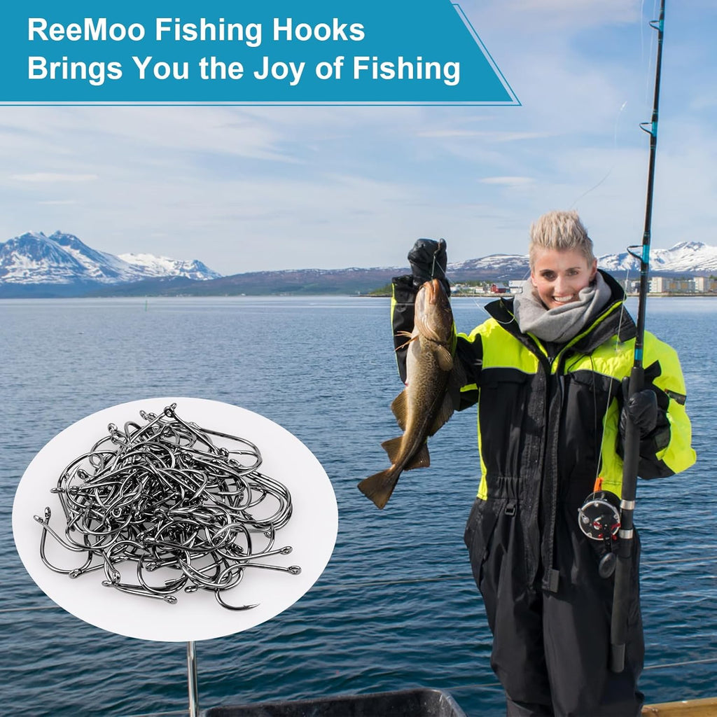 ReeMoo Premium Fishing Hooks - Strong Carbon Steel with Barbs | 500PCS in 10 Sizes with Portable Box