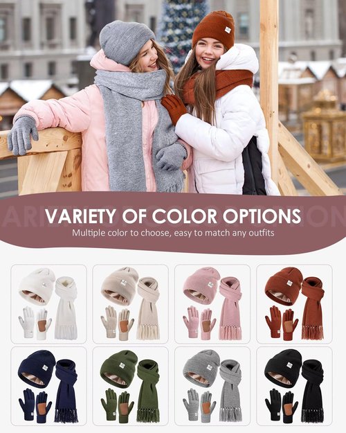 Womens Satin Lined Beanie Scarf Gloves Set, Silk Lined Winter Hats Long Knit Scarf Touchscreen Gloves, Fashionable Warm 3 in 1 Gift Set for Women Men(Pink)