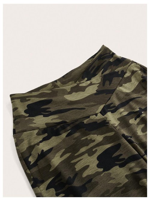 WDIRARA Women's Camo Print Elastic Waist Flare Leggings Crossover Bell Bottom Pants Army Green X-Large