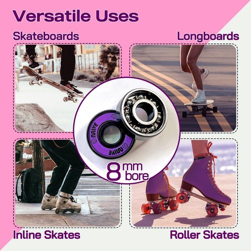 Naivskb Skate Bearings 8mm 16 Pack, Precision 608 Bearings Quad Inline Skates Roller Derby Skateboard Longboard Scooter(Neon Purple)